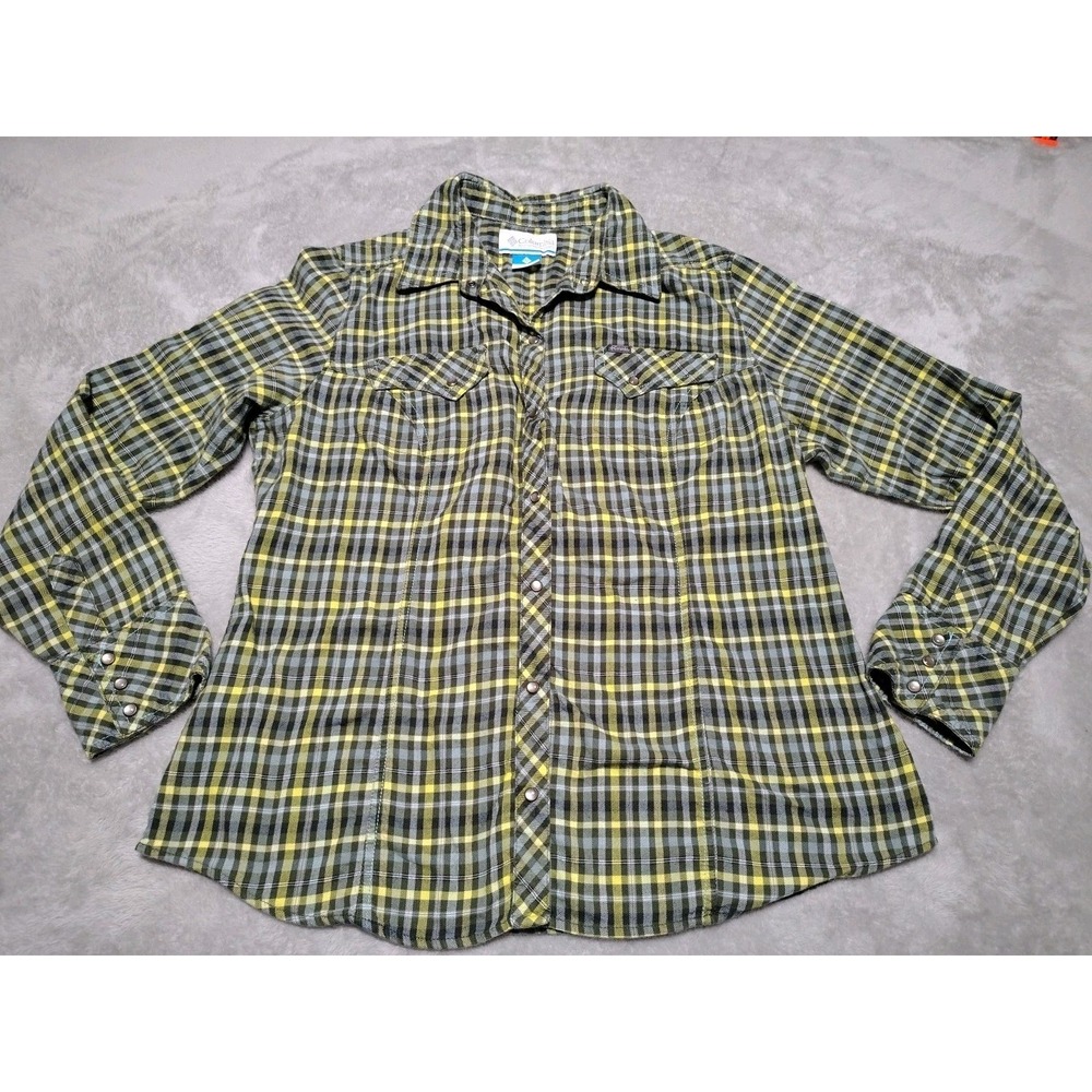 Columbia Flannel Shirt Ladies L Black/Yellow Plaid Pearl Snap Outdoors Hiking